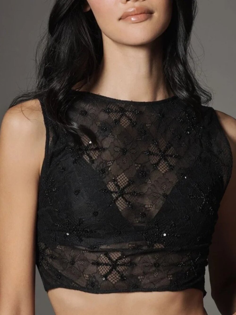 Anthropologie Lyrebird High Neck Sequin Sheer Lace Tie Back Crop Top